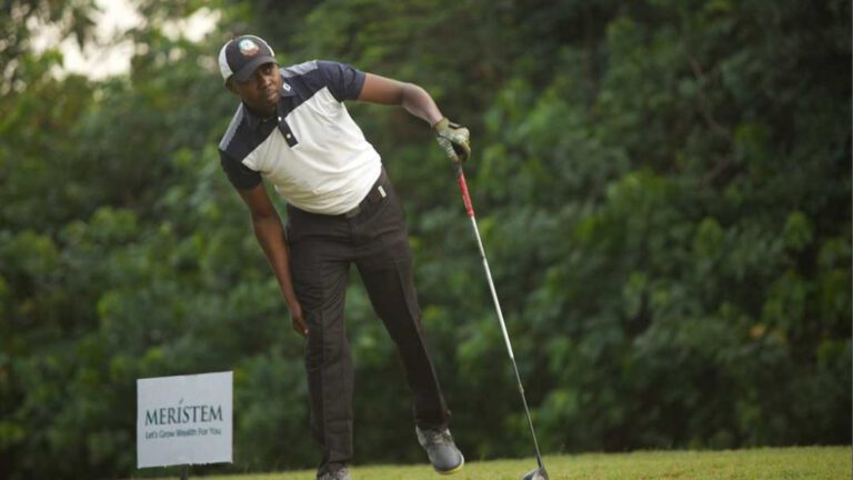 Kingsley Ugochukwu of Python Golf Club, Port Harcourt teeing off at Hole 1, Lakowe Lakes Golf Club, at the ongoing Meristem Open Golf Championship…yesterday.